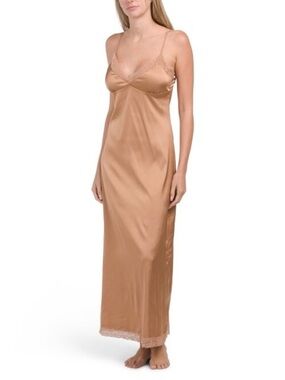BELLE VERRE NOTTE Satin And Lace Tan Color Nightie Slip-dress Size S